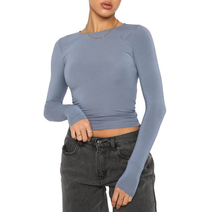 Slim Fit Long Sleeve Crewneck Top in Solid Colors