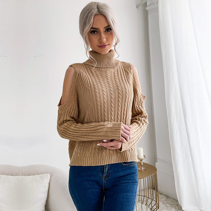 Solid Cable Knit Turtleneck Sweater with Cold Shoulder