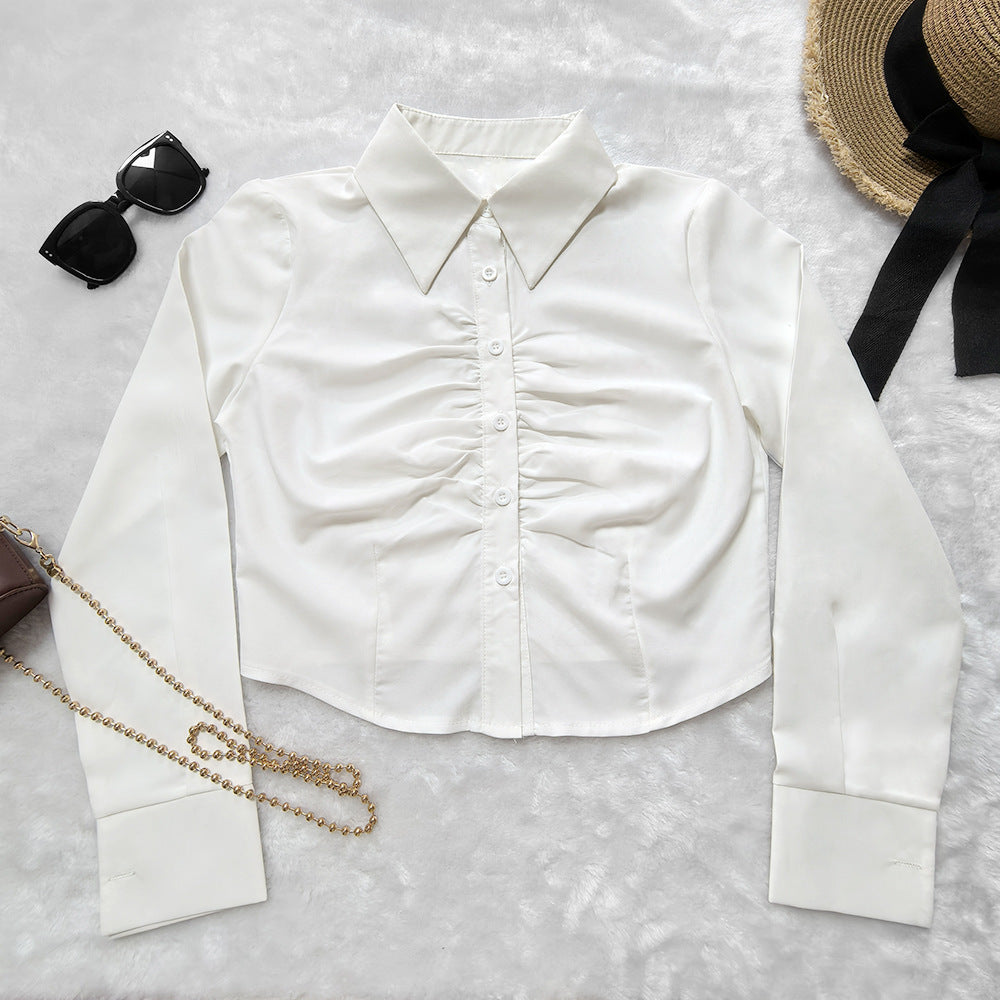Slim Cropped Blouse with Ruched Front and Lapel Collar