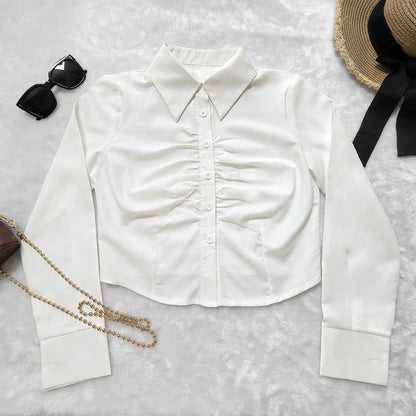 Slim Cropped Blouse with Ruched Front and Lapel Collar