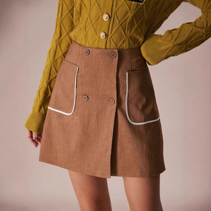 A-Line Mini Skirt with Double-Breasted Buttons and Piped Pockets