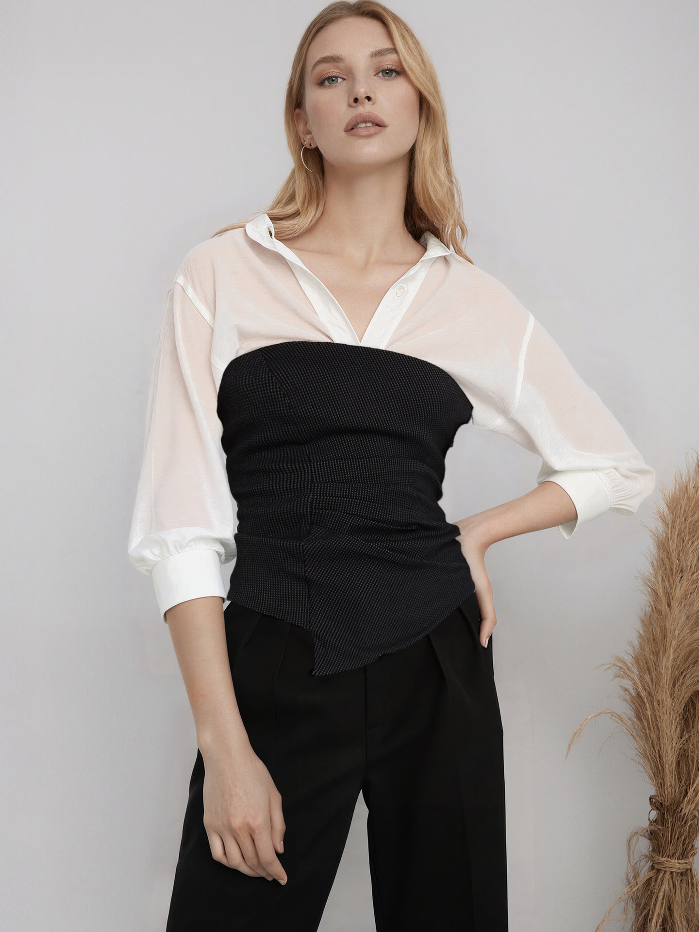 Sheer Lapel Button-Down Shirt with 3/4 Sleeves