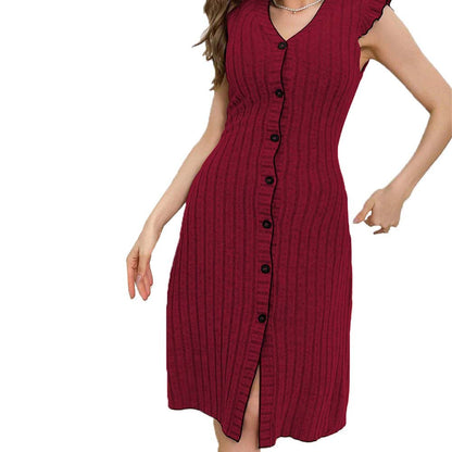 Ribbed Knit Midi Dress with Button Front and Ruffle Sleeves