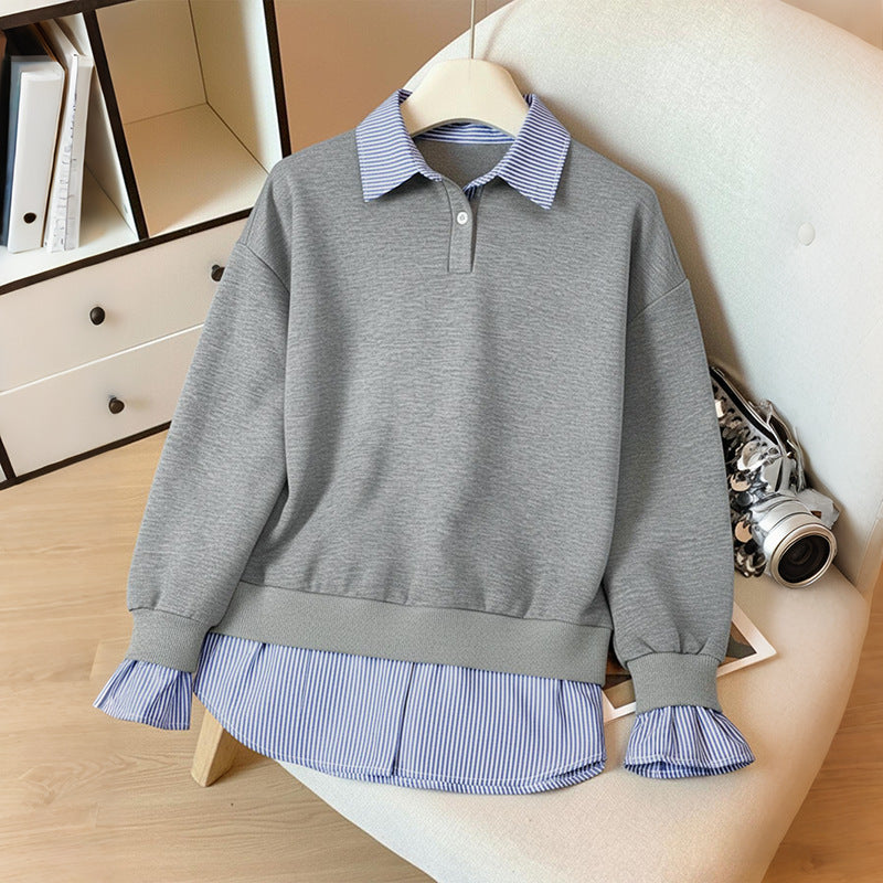 Fake Two-Piece Sweatshirt with Striped Polo Collar