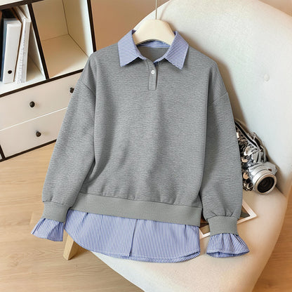 Fake Two-Piece Sweatshirt with Striped Polo Collar