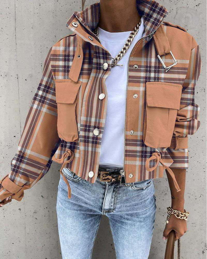 Printed Cropped Jacket with High Collar and Flap Pockets