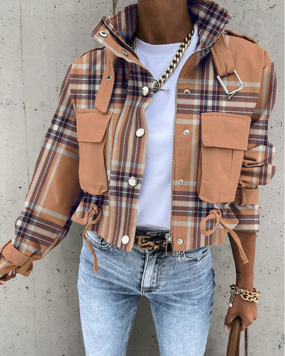 Printed Cropped Jacket with High Collar and Flap Pockets