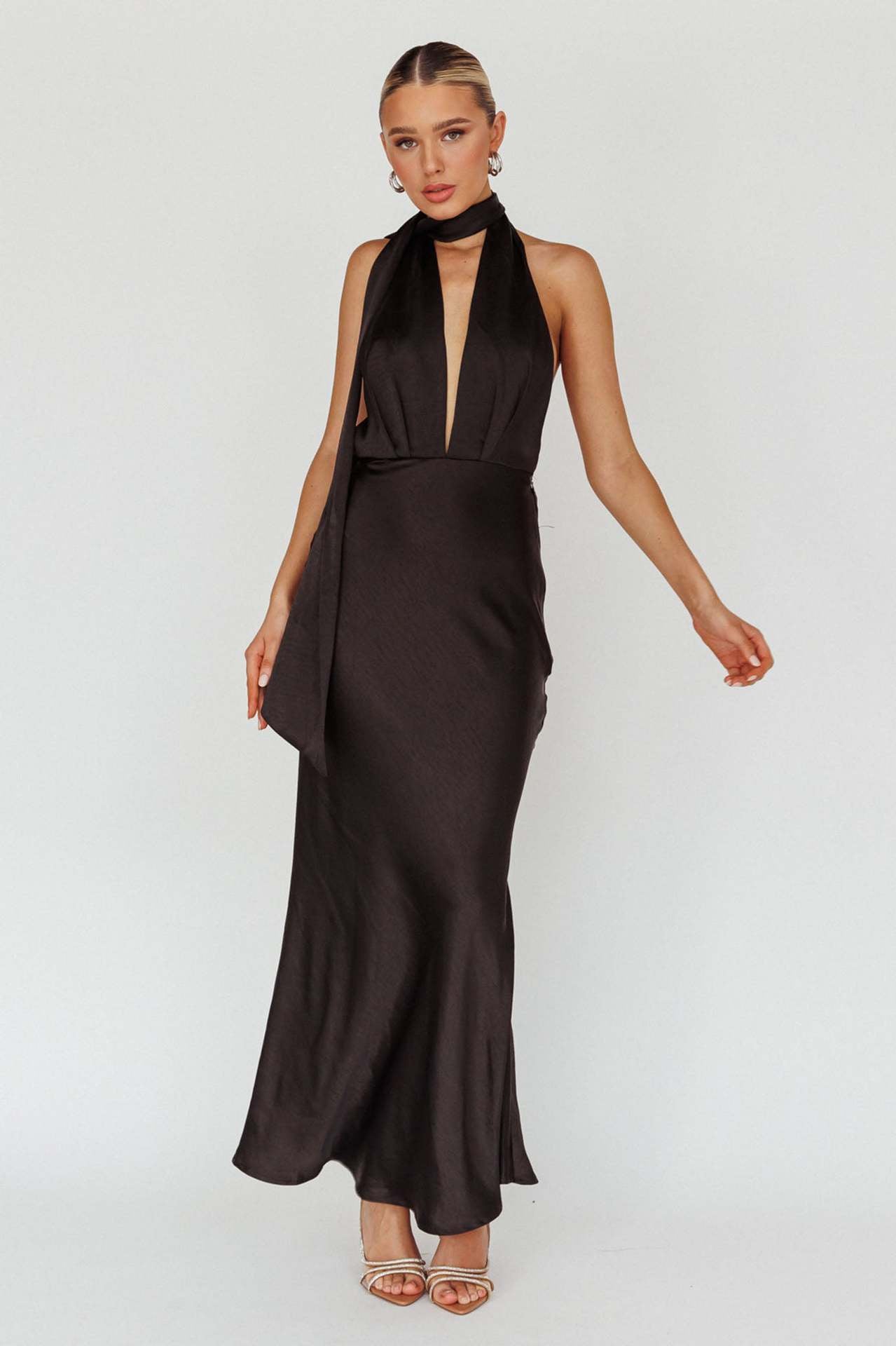 Satin Halter Maxi Dress with Deep V-Neck and Scarf Tie