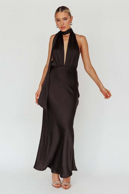 Satin Halter Maxi Dress with Deep V-Neck and Scarf Tie