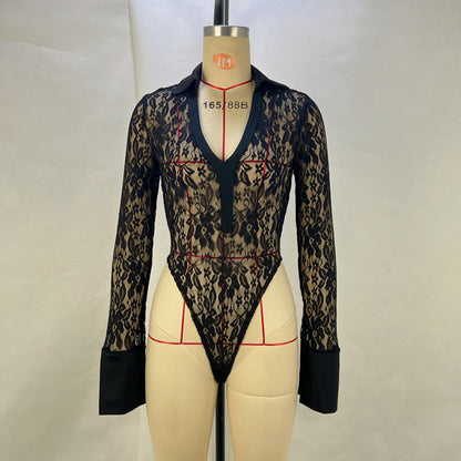 Sheer Lace Two-Piece Set with Flared Trousers and V-Neck Top