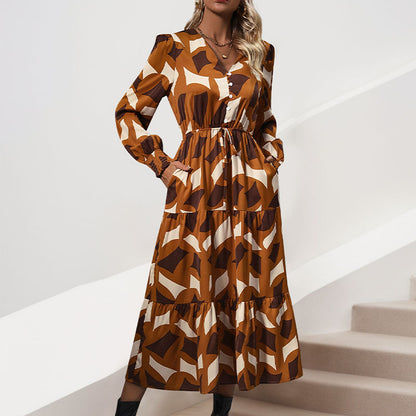 Geometric Print A-Line Midi Dress with V-Neck and Drawstring Waist