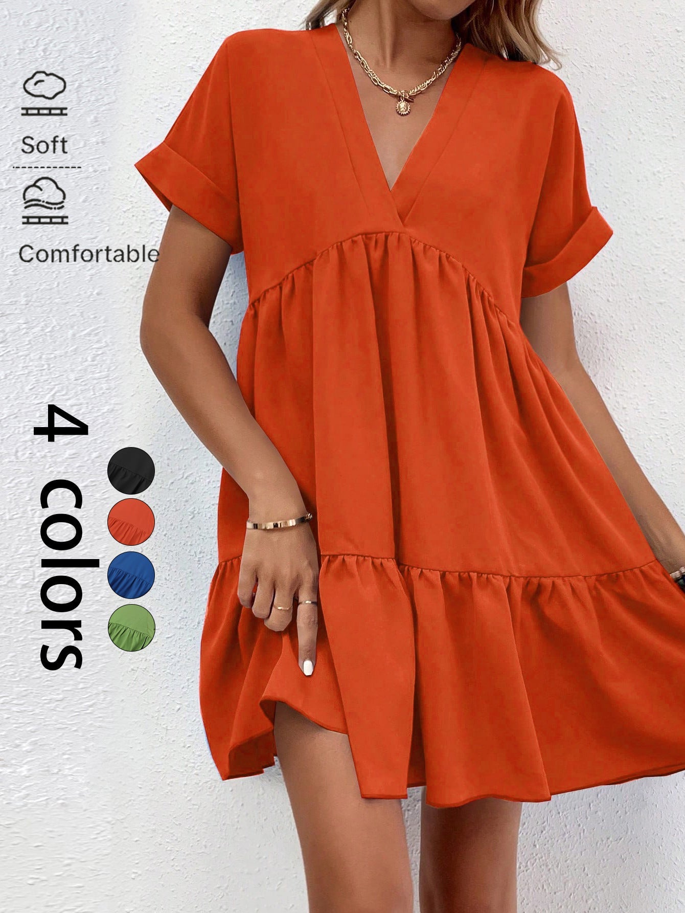 Tiered Babydoll Mini Dress with V-Neck and Short Sleeves