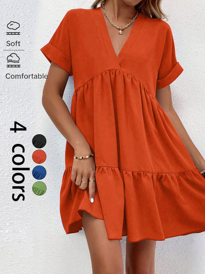 Tiered Babydoll Mini Dress with V-Neck and Short Sleeves