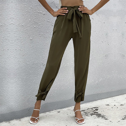 High-Waist Tapered Cropped Pants with Tie-Waist and Bow Cuffs
