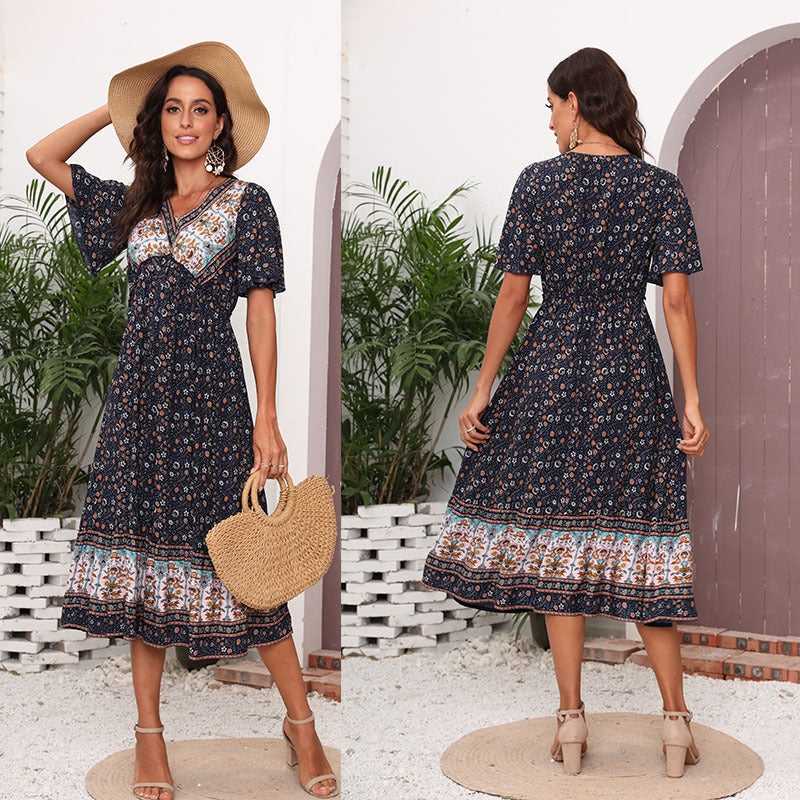 Bohemian Floral Print Midi Dress with V-Neck