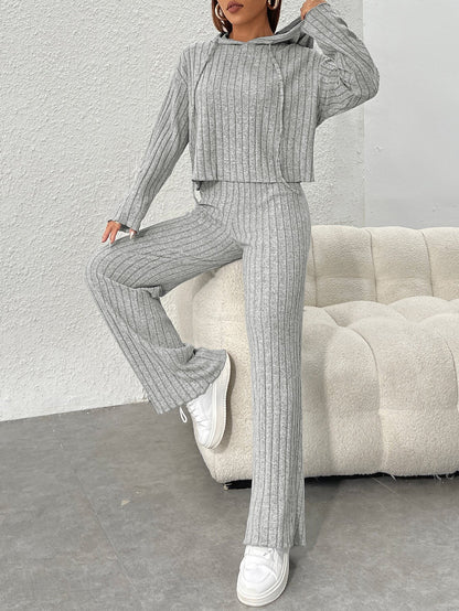Rib-Knit Hooded Sweatshirt and Wide-Leg Pants Set