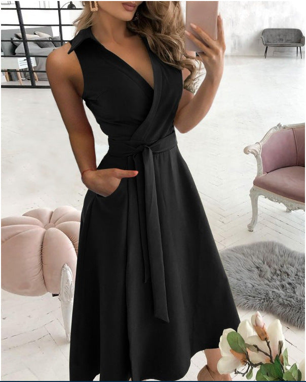 Solid A-Line Midi Dress with Collared V-Neck and Tie-Waist