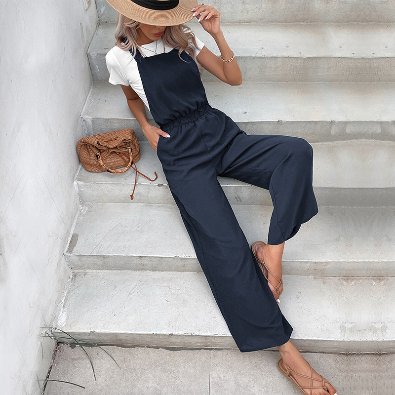 Wide-Leg Suspender Jumpsuit with Shirred Waist