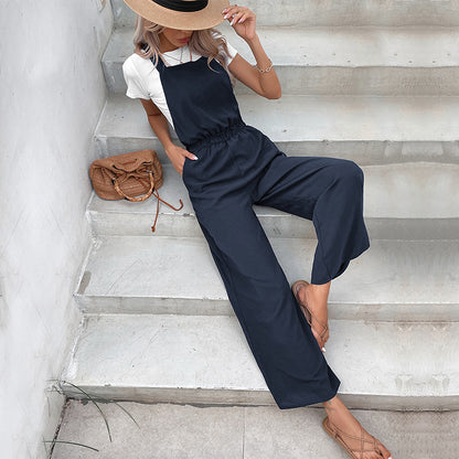 Wide-Leg Suspender Jumpsuit with Shirred Waist