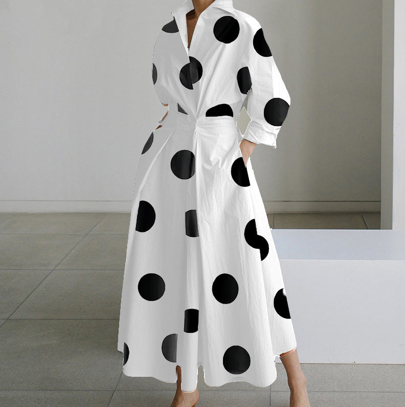 Polka Dot Maxi Shirt Dress with Nine-Quarter Sleeves