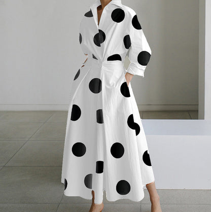 Polka Dot Maxi Shirt Dress with Nine-Quarter Sleeves
