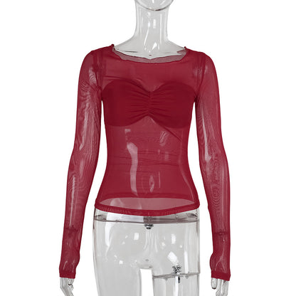 Sheer Mesh Bodycon Top with Ruched Bust and Long Sleeves