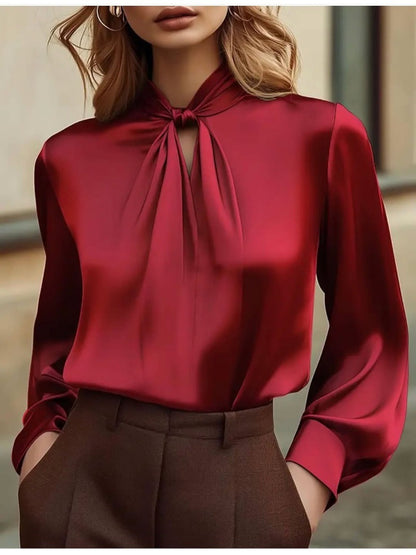 Solid Satin Blouse with Knotted Mock Neck and Gathered Front