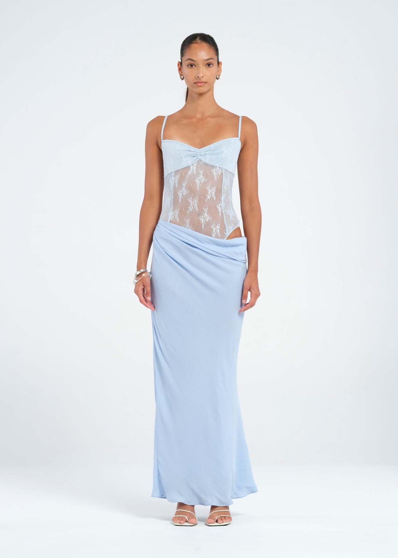 Mermaid Maxi Dress with Lace Bodice and Asymmetrical Draped Waist