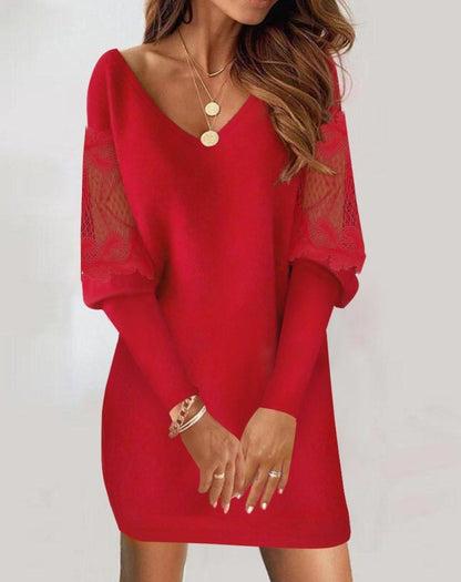 Bodycon Mini Dress with V-Neck and Lace Sleeves