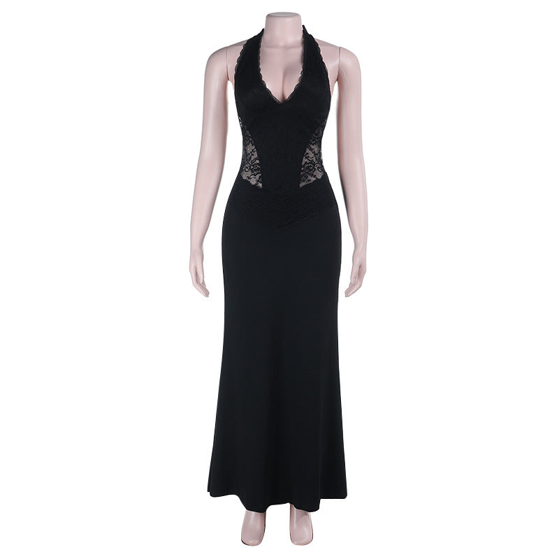 Bodycon Maxi Dress with Lace Halterneck and Deep V-Neck