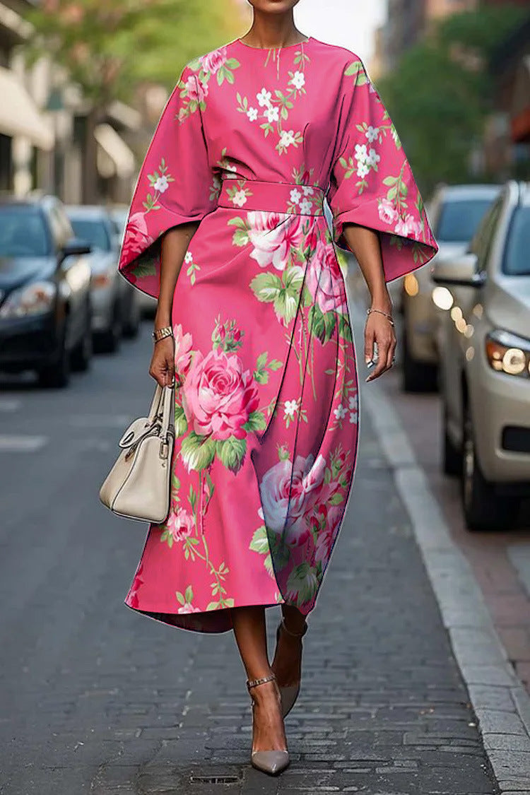 Printed Midi Dress with Three-Quarter Bat Sleeves