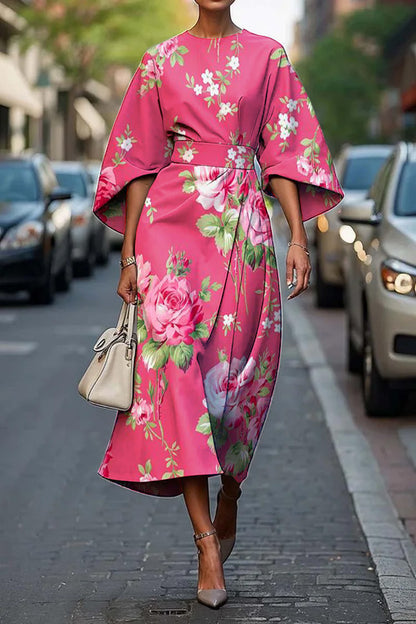 Printed Midi Dress with Three-Quarter Bat Sleeves