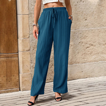 Textured Wide-Leg Trousers with High Waist and Drawstring