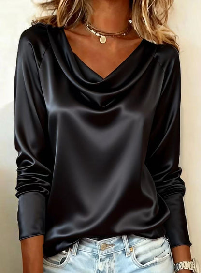 Solid Satin Cowl Neck Blouse with Long Sleeves