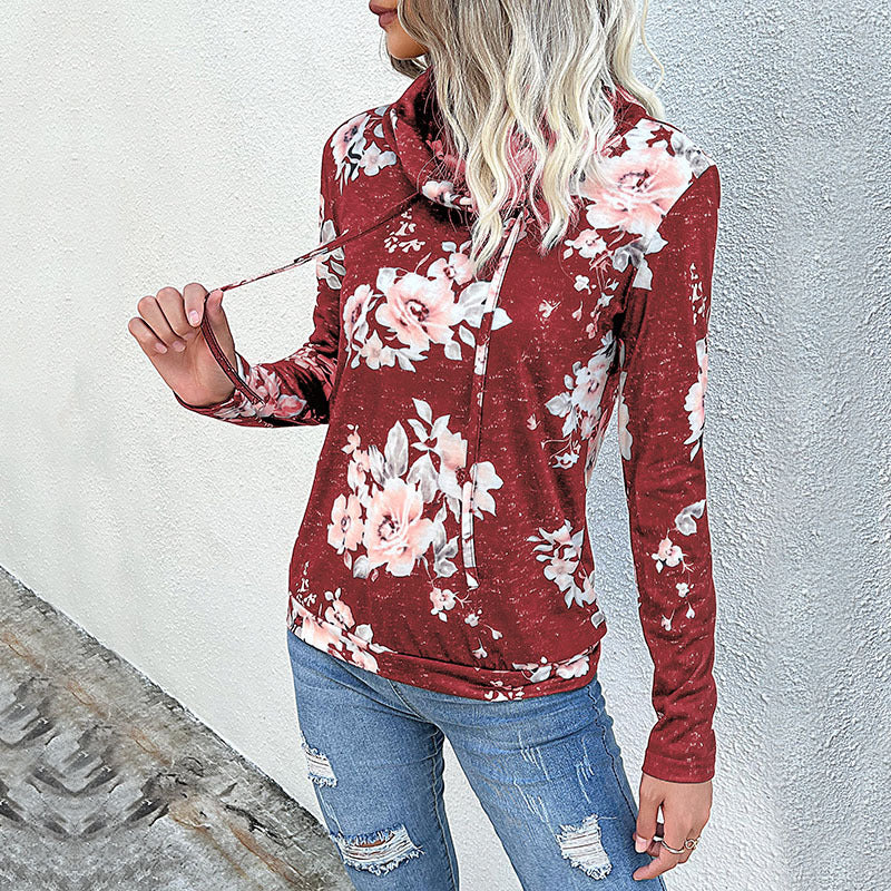 Floral Print Sweatshirt with Cowl Neck and Drawstring