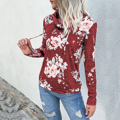 Floral Print Sweatshirt with Cowl Neck and Drawstring