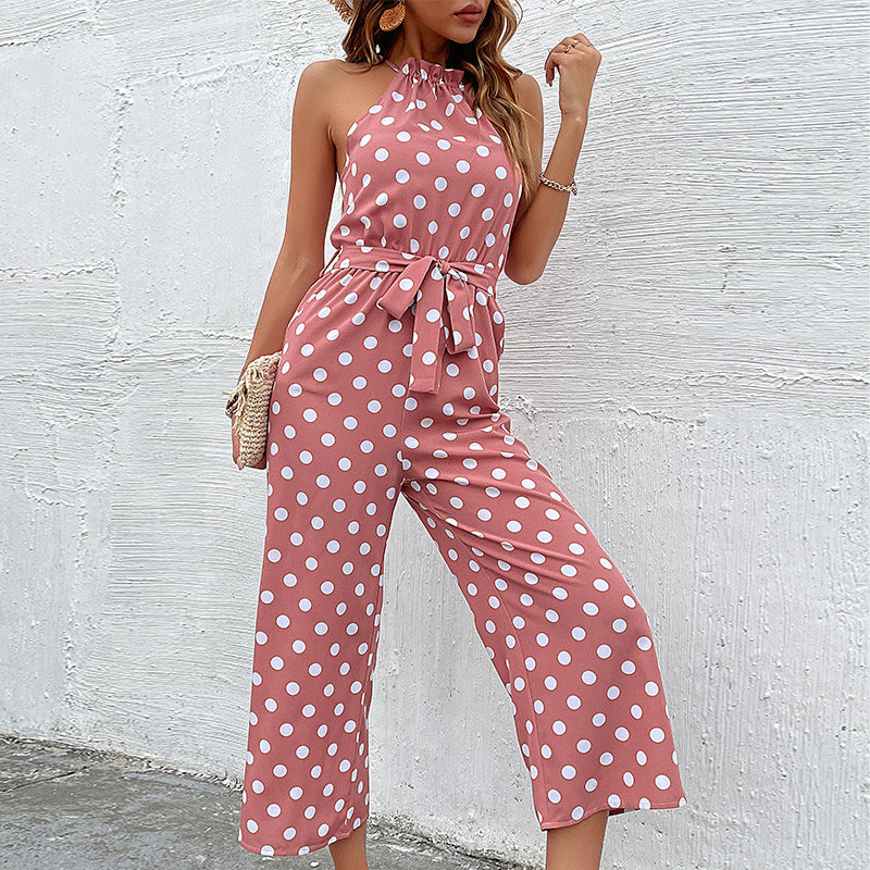 Polka Dot Wide-Leg Jumpsuit with Halter Neck and Tie Waist