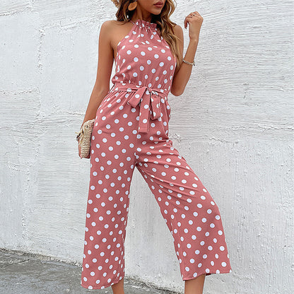 Polka Dot Wide-Leg Jumpsuit with Halter Neck and Tie Waist