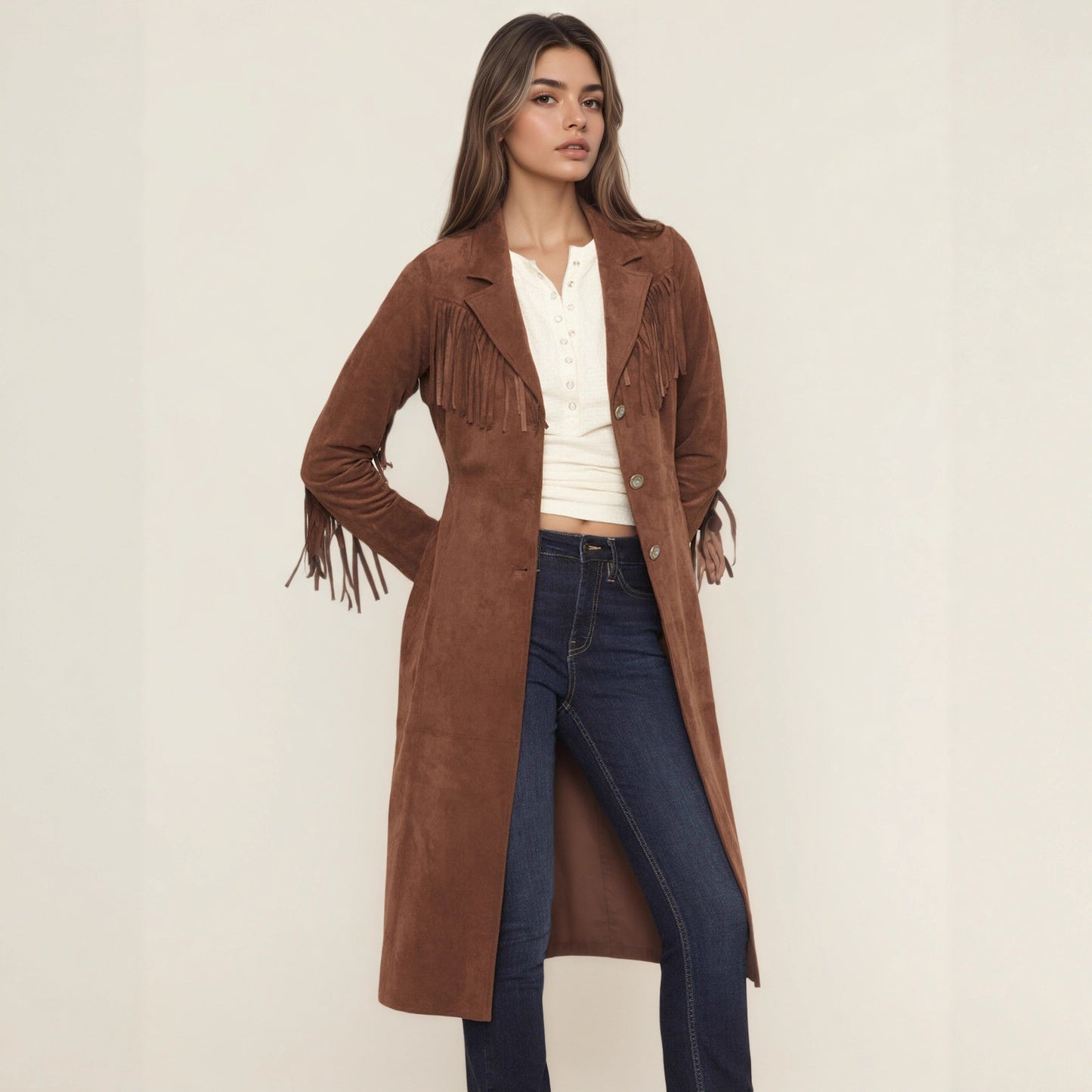 Long Faux Suede Jacket with Fringe and Suit Collar