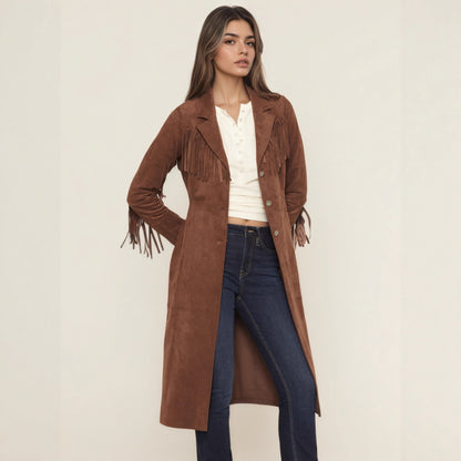 Long Faux Suede Jacket with Fringe and Suit Collar