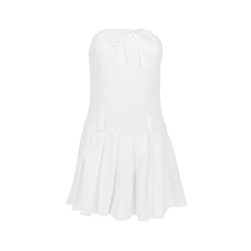 Strapless Mini Dress with Ribbon Ties and Pleated Skirt
