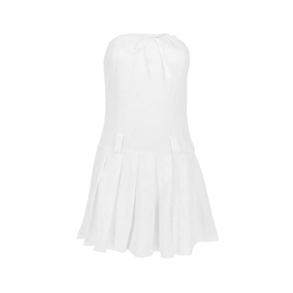 Strapless Mini Dress with Ribbon Ties and Pleated Skirt