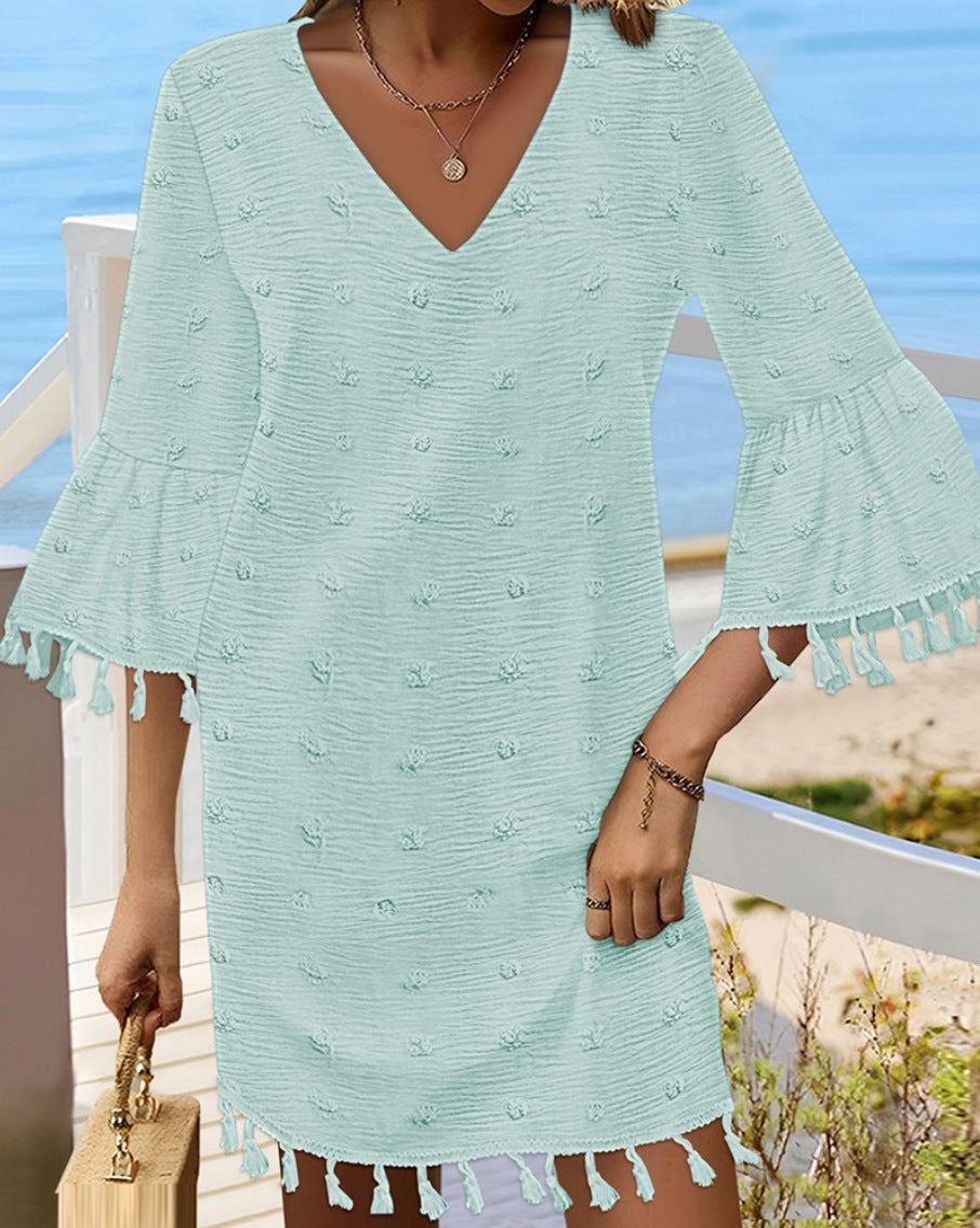 Loose Fit V-Neck Mini Dress with Tassel Bell Sleeves
