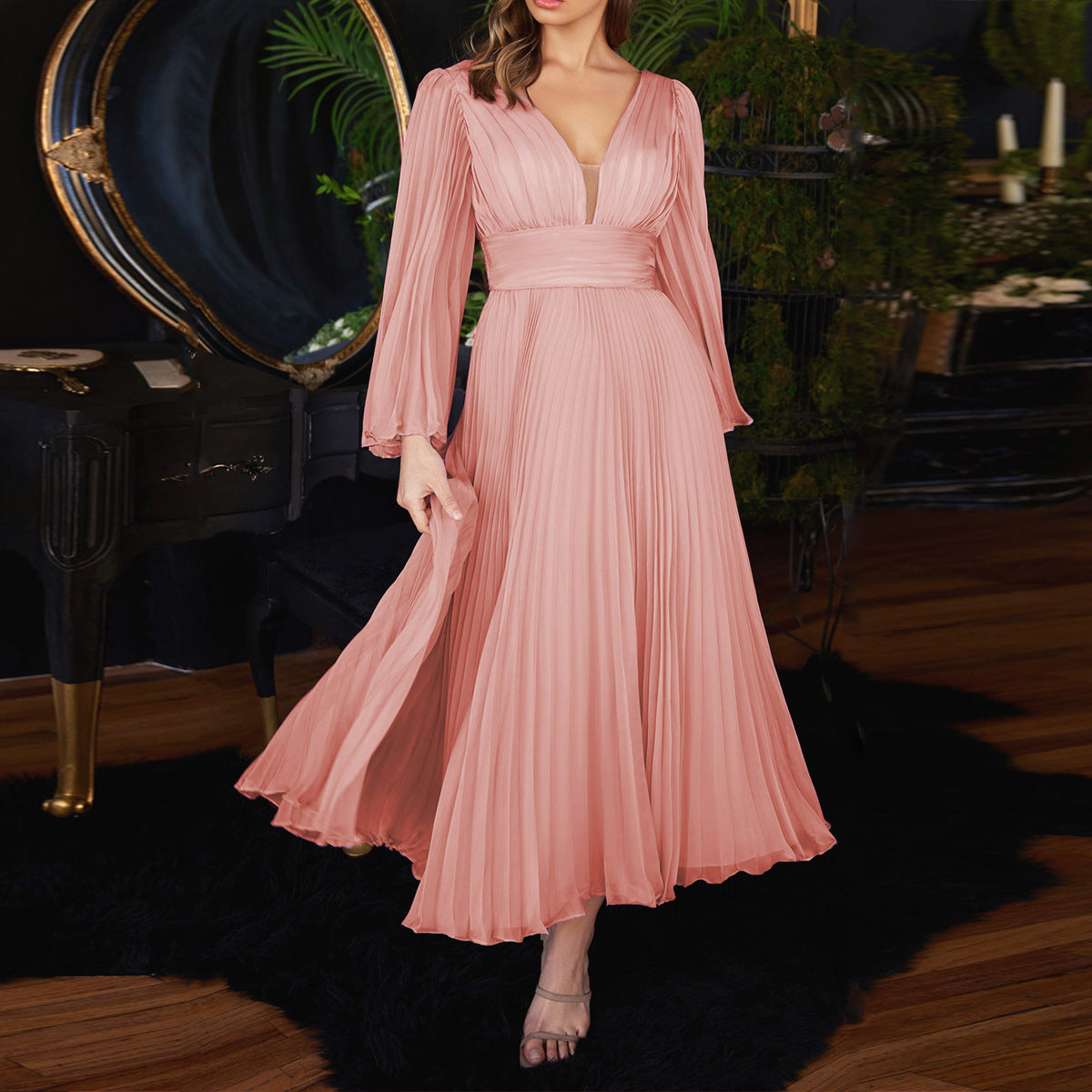 Pleated A-Line Maxi Dress with Deep V-Neck
