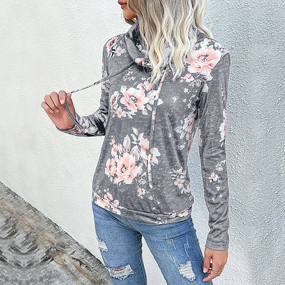 Floral Print Sweatshirt with Cowl Neck and Drawstring
