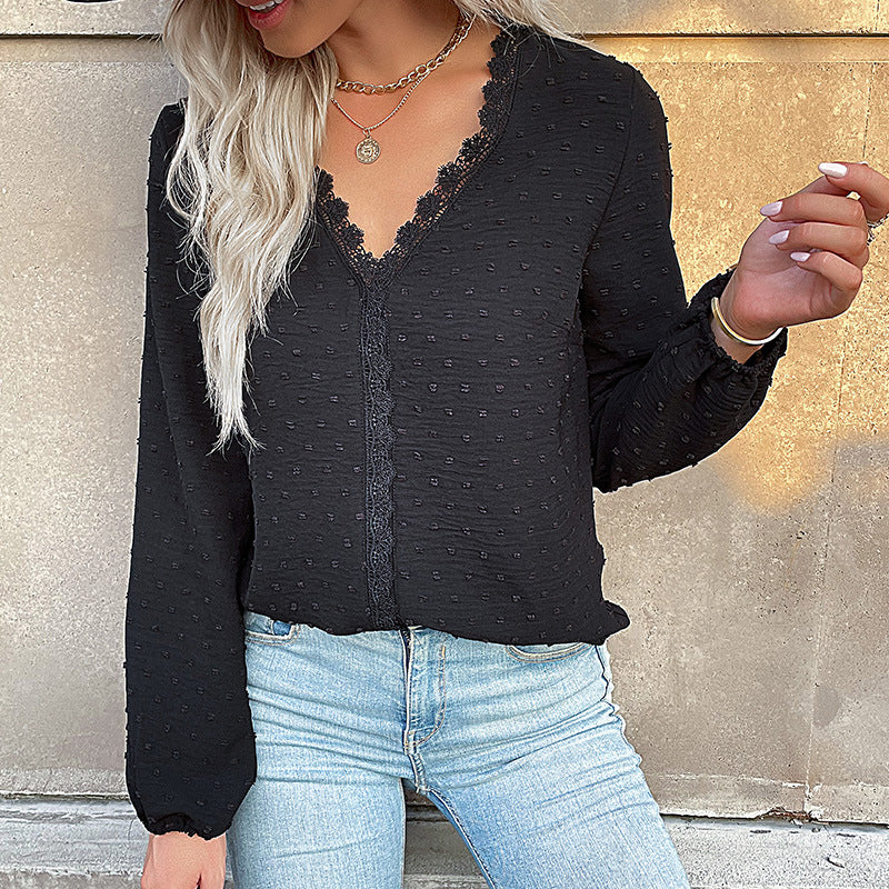 Solid Dotted Long-Sleeve Blouse with Lace Trim