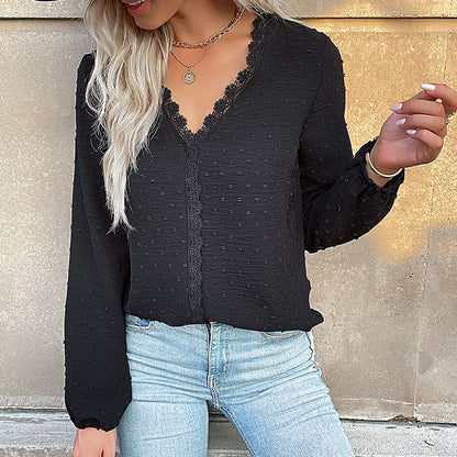 Solid Dotted Long-Sleeve Blouse with Lace Trim