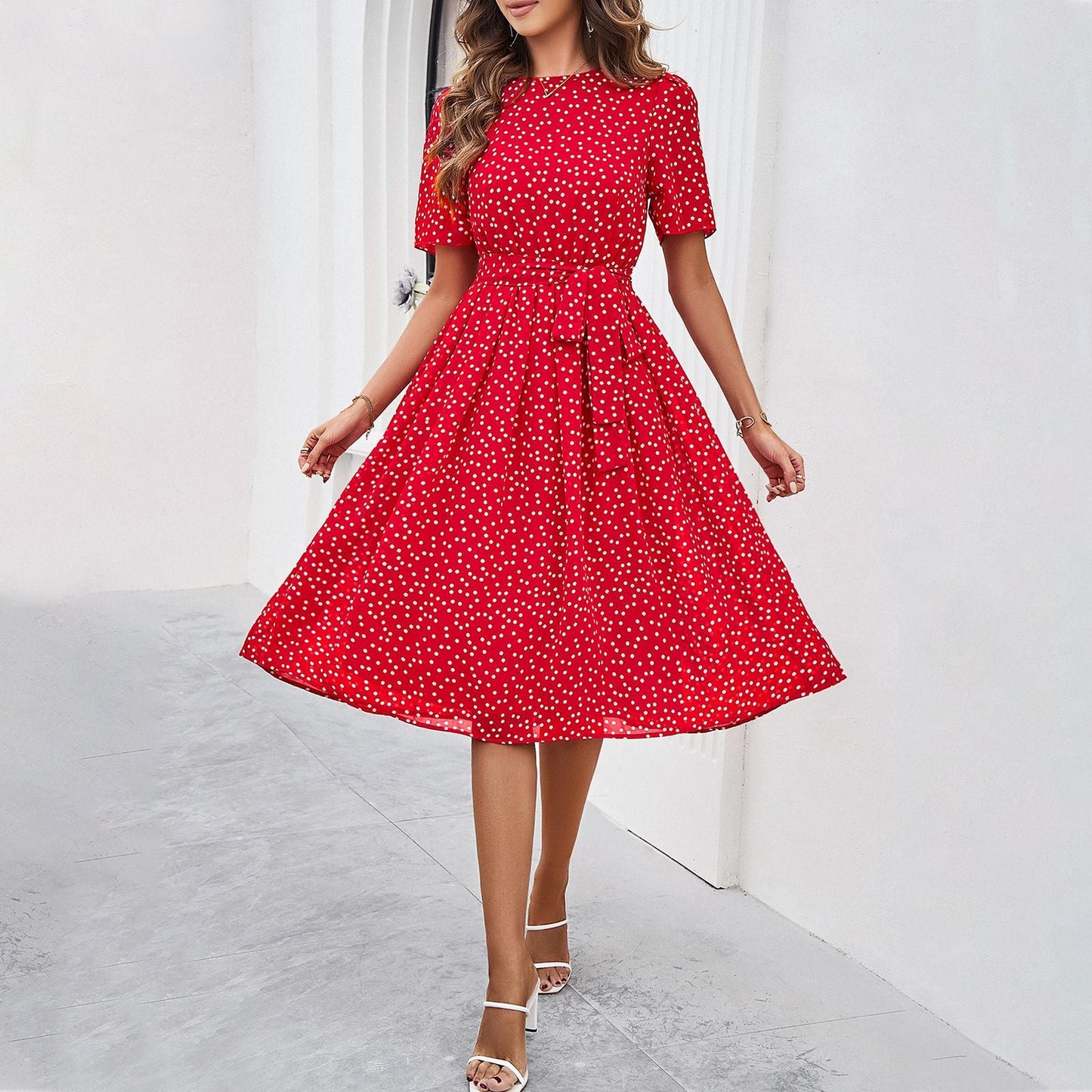 A-Line Polka Dot Midi Dress with Tie-Waist