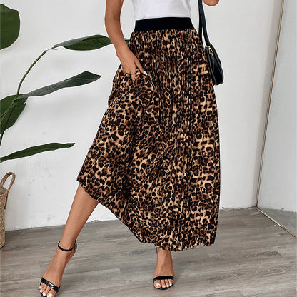 Leopard Print Pleated Midi Skirt with Elastic Waist