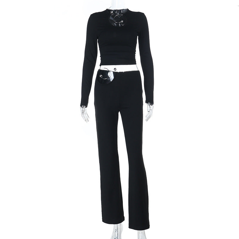 Bodycon Knit Pants Set with Asymmetrical Metal Ring Hardware